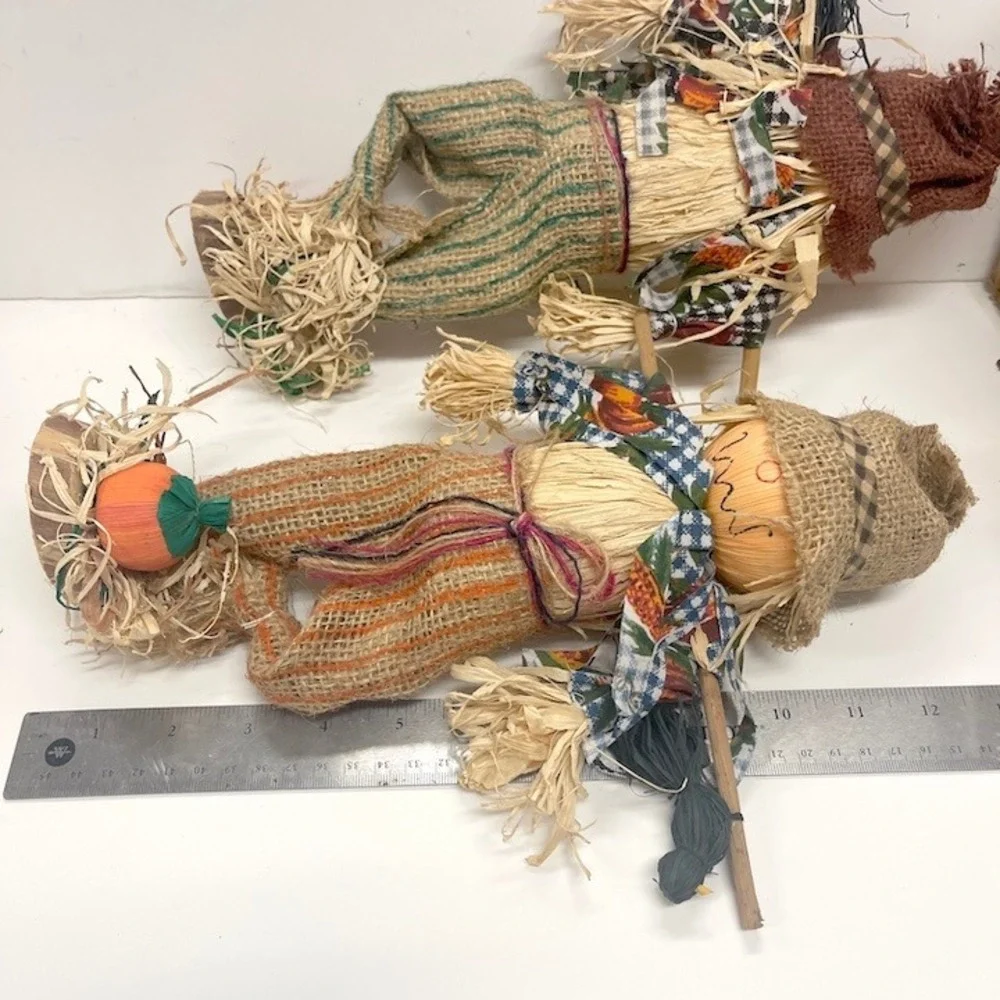 Rustic Fall Harvest Scarecrow Figurines Set of 2 Burlap Raffia Decor 12 Inch